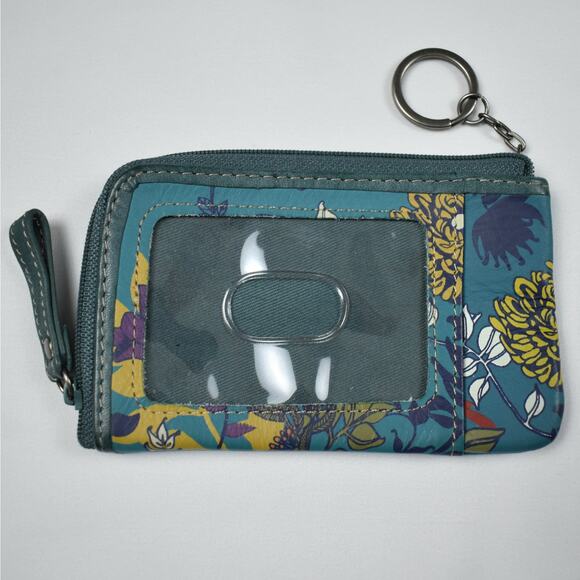 Fossil ID card holder wallet coin purse zip pouch keychain blue floral leather - Picture 3 of 6
